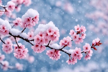Fototapeta premium Winter background with cherry blossoms covered in fluffy snow. Soft pink petals against a cool blue sky create a sense of harmony, calmness, and natural magic.