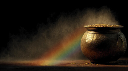 Fototapeta premium Pot of gold shines bright with rainbow in dark setting