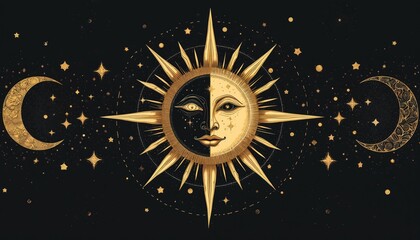 Gold sun moon and stars art on black space background. Celestial bodies with ornate patterns shine brightly. Cosmic night sky with detailed stellar and galaxy elements for mystical themes.
