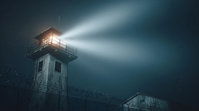 Lighthouse shines light over prison during dark night