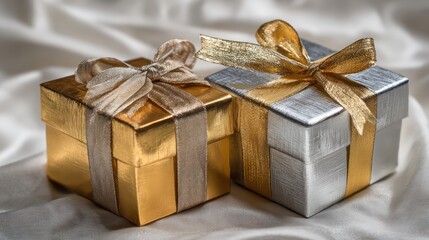 Elegantly wrapped gifts in gold and silver evoke luxury and celebration. Perfect for wedding, anniversary, or holiday themes. Use for invitations, website banners, or social media
