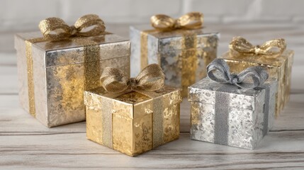 Elegantly wrapped gifts in gold and silver evoke luxury and celebration. Perfect for wedding, anniversary, or holiday themes. Use for invitations, website banners, or social media