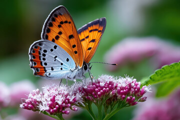 Butterfly with orange and white wings on pink flower