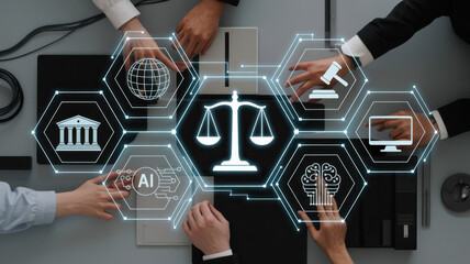 A diverse group of professionals collaborates in a modern workspace, utilizing technology to discuss innovative legal solutions, emphasizing data analysis and teamwork. Raster