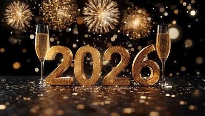 Elegant 2026 celebration with golden glitter numbers, champagne glasses, and fireworks.