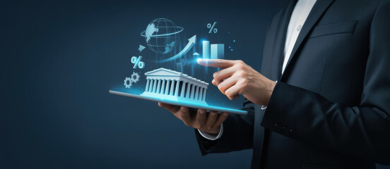 The influence of central bank monetary policy on the global banking system and economy. A concept of interest rates, inflation, and growth. Motif 
