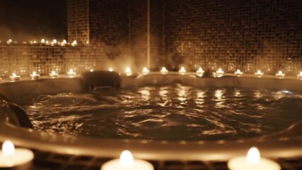 Relaxing spa scene featuring a bubbling hot tub surrounded by glowing candles in a serene atmosphere