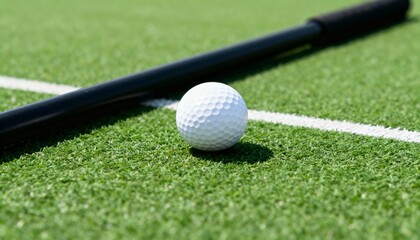 A close-up of a white golf ball and black putter on a green putting course. Sports equipment on artificial turf with a white line. Golf game and leisure activity concept