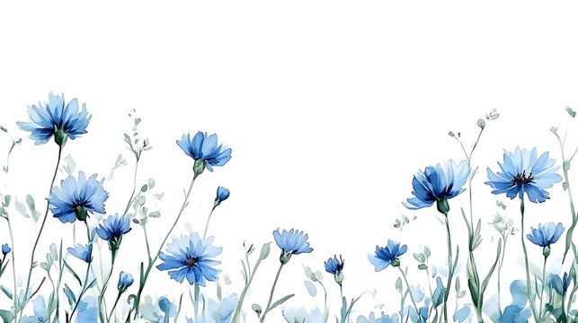 Delicate blue cornflowers and wildflowers in soft focus with white background