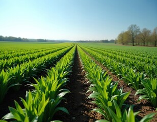 Naklejka premium Vast green corn field stretches towards horizon under clear blue sky. Young plants grow in neat rows on fertile soil. Sunny day brightens agricultural landscape.