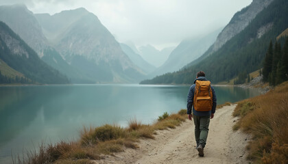 Man with backpack walks on path near lake and mountains. Solo hiker explores scenic nature landscape. Mountain range and calm water create tranquil vibe.