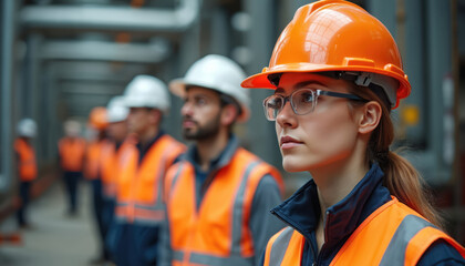 Construction workers in hard hats, safety vests stand in line, looking forward seriously. Represent teamwork, safety protocols in industrial settings, adhering to strict guidelines for secure job