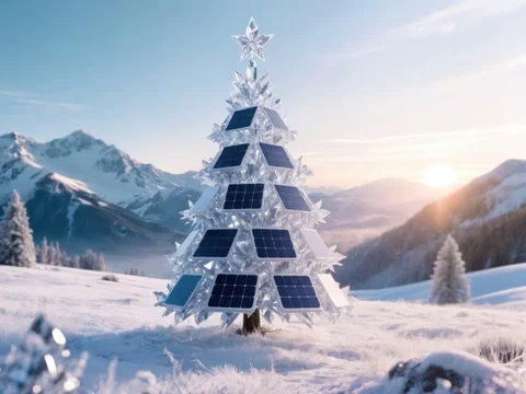 Futuristic Solar Crystal Christmas Tree in Snowy Meadow