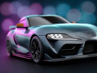 Obraz premium Abstract graphic design illustration of a sleek sports car viewed from a low angle, showcasing vibrant colors and dynamic lighting effects, perfect for automotive enthusiasts and design projects