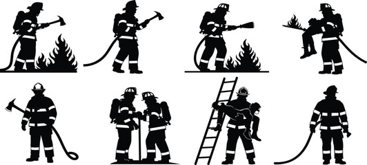 Firefighter silhouettes in action battling flames, rescuing victims, and using emergency equipment, heroic fire service teamwork and safety concept illustration