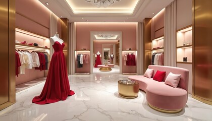 Elegant boutique fashion store interior with mannequins wearing designer dresses. Displays show trendy apparel on racks, shelves. Luxurious showroom features plush seating, gold accents. Retail space