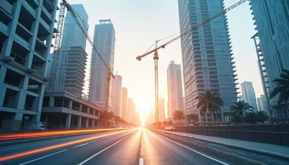 Fototapeta premium Construction site with tall buildings and cranes. A road with light trails shows ongoing development and progress. Futuristic city skyline emerges from the bright sun.