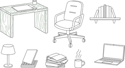 Office workspace line art illustration set with desk, chair, laptop, books, lamp, shelf, coffee mug, minimal outline design