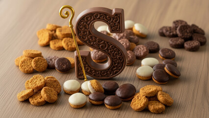 Saint Nicholas chocolate and cookies on wooden table