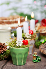 A cute small candle holders with moss and paradise apples on Christmas eve's table.