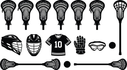 Set of Lacrosse Equipment Black Silhouette Vectors including Sticks, Helmets, Jersey, and Goggles, Isolated Sport Icon Graphic Bundle.