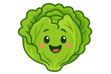 Cartoon lettuce head smiling, representing fresh vegetables, healthy eating, and organic food, with a transparent background