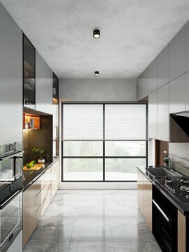 Sleek contemporary kitchen design with wooden cabinets and oven