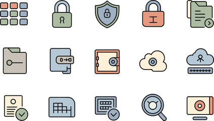 Cybersecurity icons set, data protection symbols, secure files, cloud security, encryption locks, privacy shield, technology safety elements, flat vector illustration