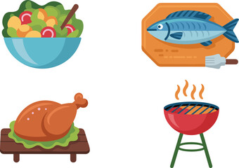 Colorful food icons featuring fresh salad, raw fish, roasted chicken, and barbecue grill in modern flat vector illustration style, cooking elements