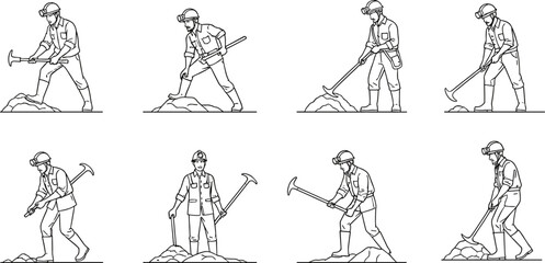Black and white line art vector collection of miners or excavators wearing safety helmets, using picks, illustrating mining, digging, and resource extraction labor.