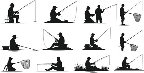 Fishing silhouette illustration set, anglers in action, boat and shore poses, outdoor activity vector, hobby graphic design bundle