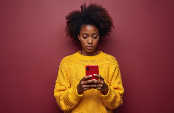 Young african american woman holds red phone, reads bad message with worried upset face. Female feels stressed, anxious reading news online. Lady looks frustrated, displeased, unhappy. - Powered by Adobe