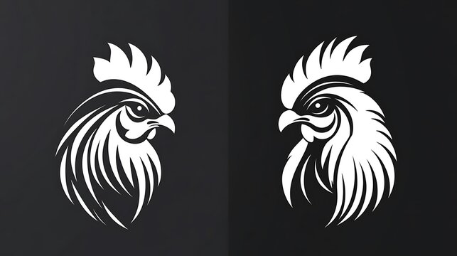 Stylized white rooster heads facing each other on black background