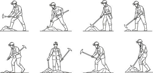 Black and white line art vector collection of miners or geological workers with picks, illustrating resource excavation, digging, and manual labor in the mining industry.