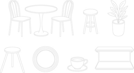 Minimal line art illustration of chairs table stools plant cup plate and shelf in modern clean furniture outline style