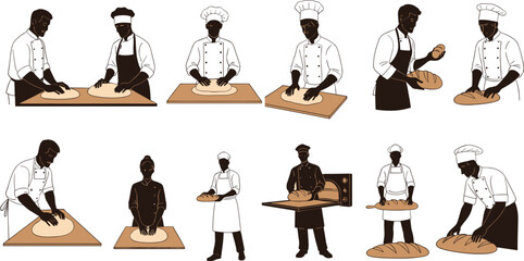 Collection of bakers and chefs kneading dough, shaping bread loaves, and working in a traditional bakery kitchen illustration, food preparation.