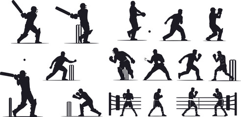 Cricket and boxing silhouette set, batting bowling sparring poses, sport motion icons, vector bundle, graphic action design pack