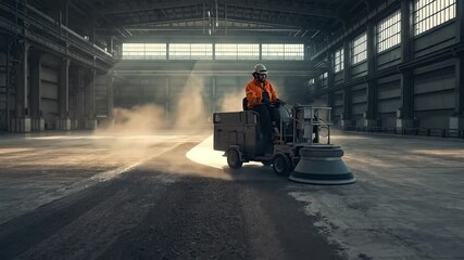 Industrial worker operating a heavy-duty floor grinder, creating dust in a vast, empty warehouse with natural light streaming through high windows,...