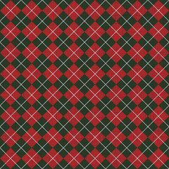 Bold seamless plaid pattern in red, dark green, and white diagonal lines. Festive rustic texture perfect for winter designs, holiday packaging, apparel prints, gift wrap, and cozy seasonal decor.