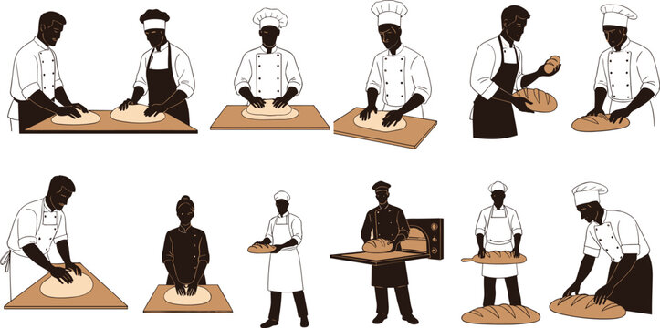 Collection of bakers and chefs kneading dough, shaping bread loaves, and working in a traditional bakery kitchen illustration, food preparation.