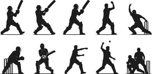 Cricket player silhouette set, batting bowling fielding poses, sport motion icons, vector bundle, graphic athletic action design pack
