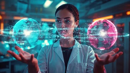 Female Scientist Analyzing Global Data Projections in a Futuristic Laboratory, AI and Digital Connectivity Concept - Powered by Adobe