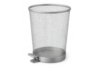 Silver metal mesh waste basket on transparent background, a common office supply for clean work environment