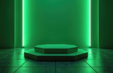 Modern empty room with green neon lights. Futuristic interior with 3D render platform on tile floor. Minimalistic design with green wall and platform for product display or presentation.