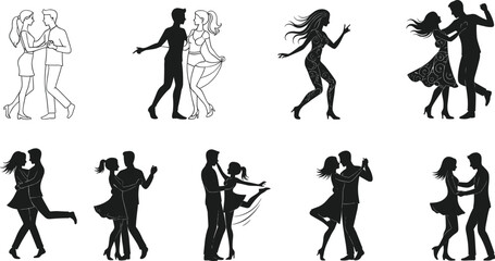 Dancing couple silhouettes, romantic poses, ballroom and solo dance illustration, artistic movement vector set, love choreography graphic design