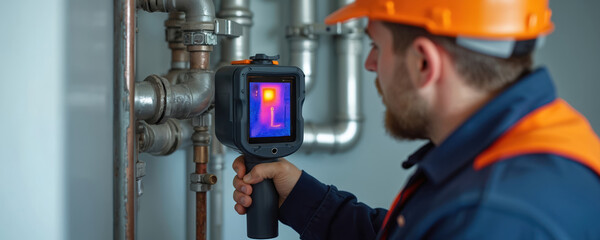 Plumber uses thermal camera to inspect pipes for leaks in modern building. He wears protective gear and hard hat during plumbing inspection process. Infrared camera reveals heat signatures.