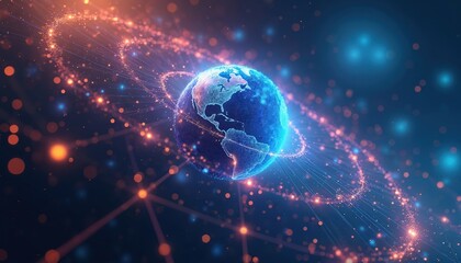 Obraz premium Digital globe with glowing abstract network lines connecting continents. Energy particles swirl around Earth sphere. Global data transfer, digital space, big data concept illustration.