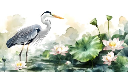 Naklejka premium Elegant heron standing among delicate pink lotus flowers in a serene pond