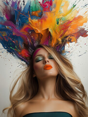 A confident woman with paint bursting from her hair embodies bold creativity and self-expression.