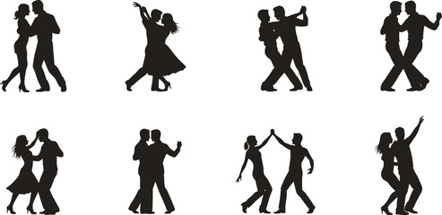 Dancing couple silhouettes, romantic poses, ballroom movement icons, elegant dance illustration, partner choreography graphic, love vector set, artistic design